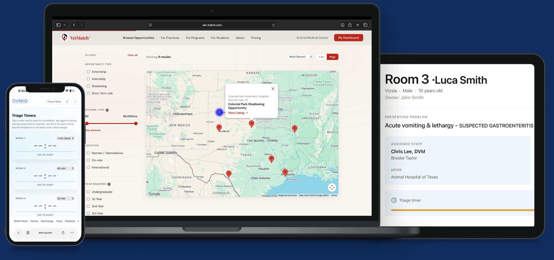 DVMiQ, NextUp, and VetMatch shown across desktop, tablet, and mobile